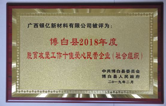 广西银亿被评为博白县2018年度“十佳爱心民营企业”